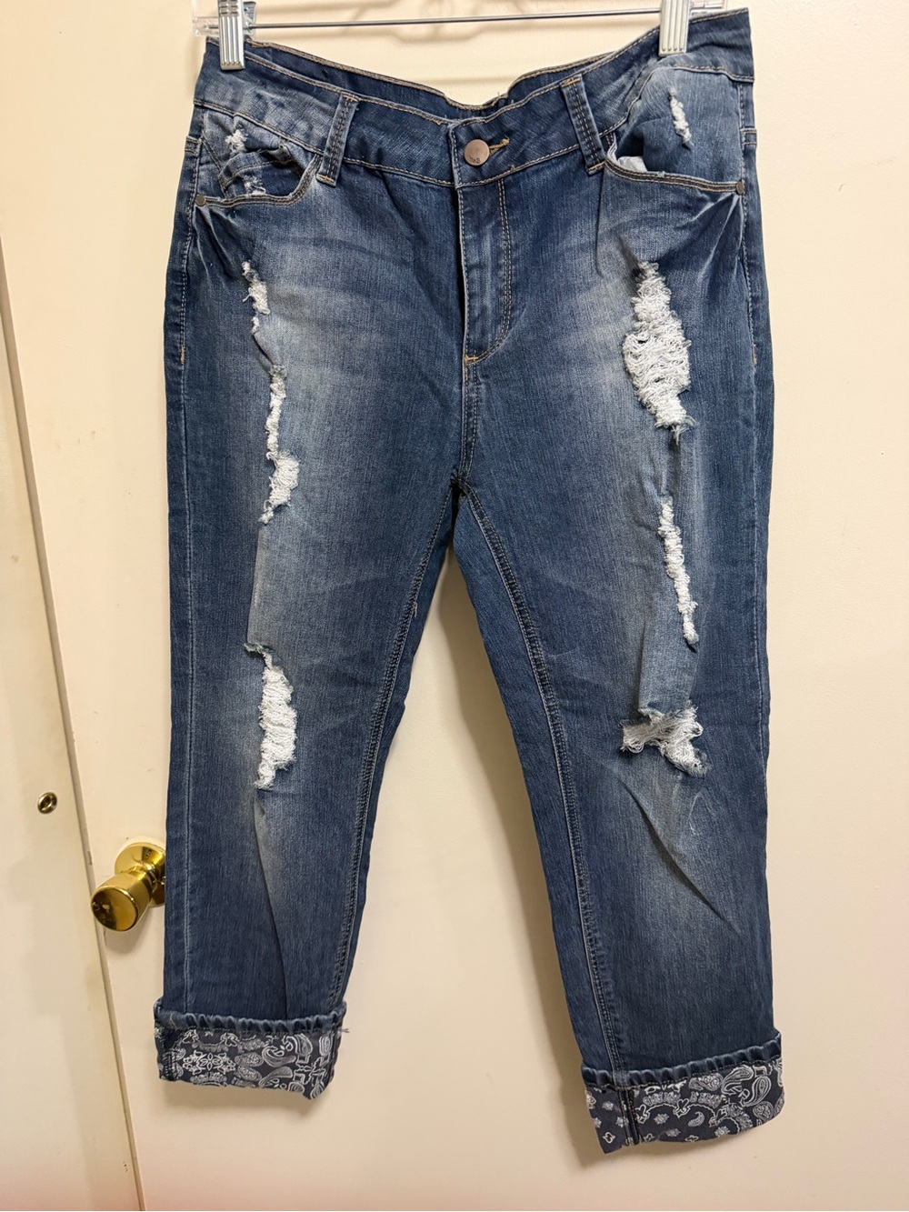 Distressed Blue Boyfriend Jeans with Cuffed Bandana Trim SIZE 11